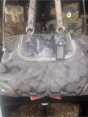 Coach Gray Signature Shoulder Bag with Metallic Trim
